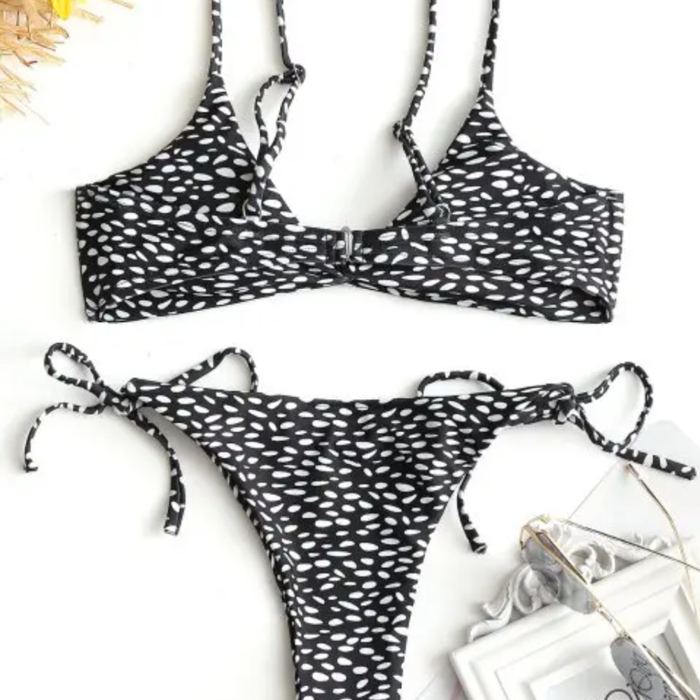 NWT Spotted Twist Front String Bikini Set - Black (S) - Cheeky Bottoms